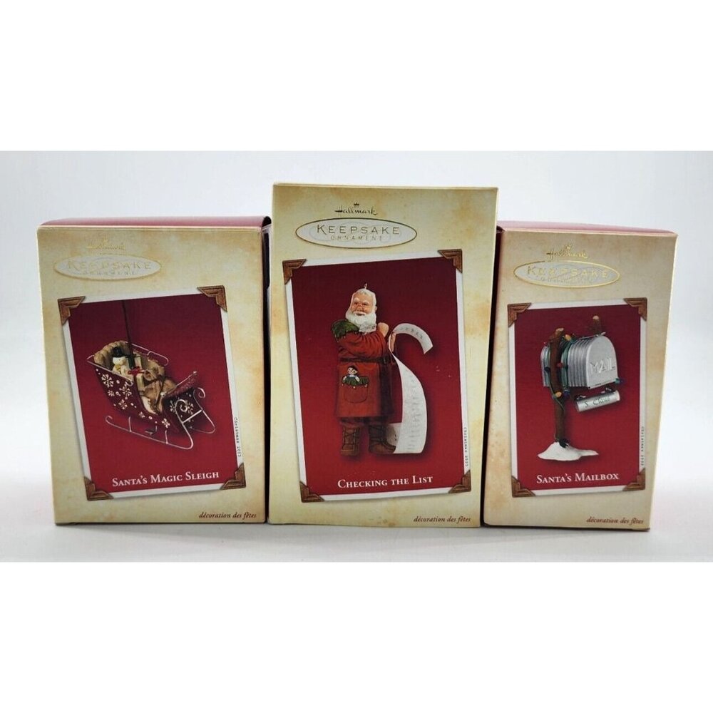 Lot of‎ 3 Hallmark Keepsake Ornaments Santa Sleigh List Mailbox 2002-2003